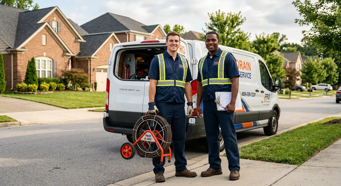 Sewer and drain service team with equipment ready for work in New Burlington