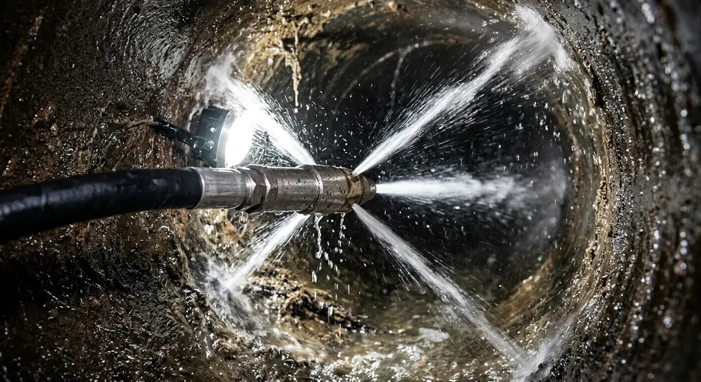 High-pressure hydro jetting nozzle cleaning sewer pipe for Storm Drain Cleaning in New Burlington