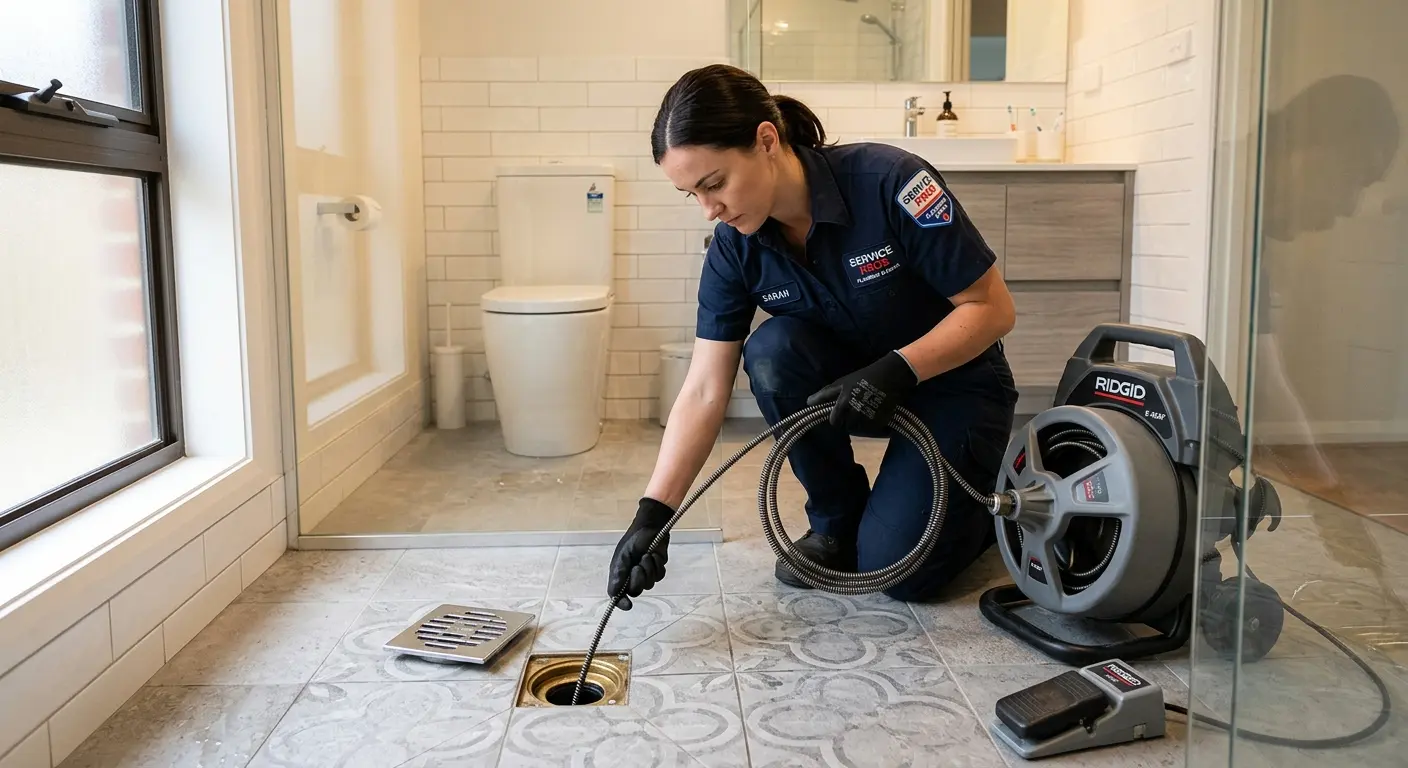Technician clearing a bathroom floor drain for Drain Cleaning in New Burlington